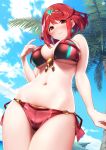  1girl absurdres baffu bangs bare_shoulders bikini blue_sky blush breasts cleavage collarbone day earrings eyebrows_visible_through_hair highres hips homura_(xenoblade_2) jewelry large_breasts looking_at_viewer navel nintendo outdoors palm_tree red_bikini red_eyes red_hair short_hair sidelocks sky smile solo swept_bangs swimsuit thighs tiara tree xenoblade_(series) xenoblade_2 