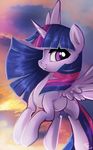  2017 cloud cutie_mark equine feathered_wings feathers female feral fidzfox friendship_is_magic hair horn looking_at_viewer mammal multicolored_hair my_little_pony outside purple_eyes purple_feathers sky smile solo twilight_sparkle_(mlp) winged_unicorn wings 