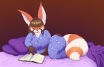  2017 absurd_res anthro bedroom big_breasts big_butt big_ears breasts butt clothed clothing eyes_closed female fully_clothed fur hair hi_res huge_breasts jklind long_hair lying mammal on_side reading red_fur red_panda rimi_(wittyusername) slightly_chubby smile solo thick_thighs voluptuous 