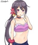  absurdres akebono_(kantai_collection) arm_at_side asymmetrical_hair bangs bare_arms bare_shoulders bell bikini_top black_neckwear blue_skirt blush breasts bright_pupils collarbone eyebrows_visible_through_hair flower hair_bell hair_flower hair_ornament highres jingle_bell kantai_collection kiritto long_hair looking_at_viewer navel pink_bikini_top pink_scrunchie purple_eyes purple_hair red_flower scratching_cheek scrunchie side_ponytail simple_background skirt small_breasts solo stomach twitter_username upper_body white_background wrist_scrunchie 