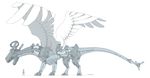  duo feathered_wings feathers foxmode greyscale hi_res machine mechanical_dragon monochrome robot standing wings 