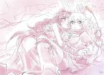  bed bedroom blake_belladonna bow breasts cat_teaser check_commentary cleavage commentary_request ember_celica_(rwby) hair_bow hug large_breasts multiple_girls pantyhose rwby rwby_fanartnest yang_xiao_long yuri 