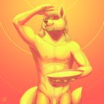  2016 5_fingers abs anthro balls barely_visible_genitalia biceps biped bowl canine digital_media_(artwork) dripping eyes_closed flaccid fluffy fluffy_tail fox front_view gradient_background hair half-length_portrait hi_res holding_object long_hair male mammal monochrome muscular muscular_male nipples nude pallando99 pecs penis portrait raised_arm rov signature simple_background smile snout solo standing subtle_penis warm_colors water yellow_theme 