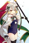  bell black_gloves black_legwear blush bow capelet cowboy_shot elbow_gloves fate/grand_order fate_(series) flag fur_trim gloves headpiece holding holding_flag jeanne_d'arc_(fate)_(all) jeanne_d'arc_alter_santa_lily long_hair multicolored_bow one-piece_swimsuit open_mouth pom_pom_(clothes) school_swimsuit solo swimsuit thighhighs very_long_hair water_drop white_hair yellow_eyes yimu 