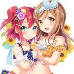  :d aqua_eyes ascot bangs bikini blue_scrunchie blush bow bracelet brown_hair detached_sleeves flower frilled_bikini_top frilled_sleeves frills grin hair_flower hair_ornament hair_ribbon hairband hairclip halterneck highres holding_hands jewelry kunikida_hanamaru kurosawa_ruby lace-trimmed_hairband love_live! love_live!_sunshine!! midriff motoasako multiple_girls navel open_mouth orange_bikini plaid plaid_bikini red_hair ribbon scrunchie short_sleeves smile striped striped_ribbon striped_scrunchie sunflower swimsuit two_side_up upper_body white_bow wrist_scrunchie x_hair_ornament 