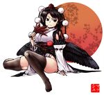  &gt;:( black_legwear breasts brown_hair feather_fan frown hat highres kourindou_tengu_costume looking_to_the_side medium_breasts mushroom_(osh320) pointy_ears pom_pom_(clothes) red_eyes serious shameimaru_aya short_hair sitting solo thighhighs thighs tokin_hat touhou v-shaped_eyebrows wakizashi wings 