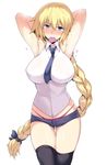  armpits arms_behind_head arms_up bangs bare_arms bare_shoulders black_legwear blonde_hair blue_eyes blue_shorts blush braid breasts commentary_request condom condom_in_mouth condom_wrapper cowboy_shot denim denim_shorts fate/apocrypha fate/grand_order fate_(series) hair_ribbon harukon_(halcon) highleg highres jeanne_d'arc_(fate) jeanne_d'arc_(fate)_(all) large_breasts long_hair looking_at_viewer micro_shorts mouth_hold necktie panties pink_panties ribbon shirt shorts simple_background single_braid skindentation sleeveless solo standing sweat thighhighs thong tress_ribbon underwear very_long_hair wet wet_clothes white_background white_shirt 