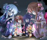  :d akatsuki_(kantai_collection) alternate_hair_length alternate_hairstyle black_hair blue_kimono brown_hair fang fireworks flower folded_ponytail hair_flower hair_ornament hibiki_(kantai_collection) highres hizuki_yayoi ikazuchi_(kantai_collection) inazuma_(kantai_collection) japanese_clothes kantai_collection kimono long_hair multiple_girls night night_sky open_mouth senkou_hanabi short_hair silver_hair sky smile sparkler squatting white_kimono yukata 