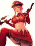  alluring_chief_warden_look alternate_costume bangs blunt_bangs breasts cleavage fate/grand_order fate_(series) gloves hat holding_whip long_hair looking_at_viewer medb_(fate)_(all) medb_(fate/grand_order) medium_breasts military_hat moe_(hamhamham) navel open_mouth peaked_cap pink_hair riding_crop skirt smile solo whip yellow_eyes 