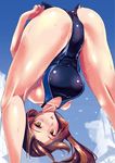  adjusting_clothes adjusting_swimsuit ass bad_anatomy bent_over blush breasts brown_eyes brown_hair competition_swimsuit highres idolmaster idolmaster_cinderella_girls kawashima_mizuki large_breasts long_hair looking_at_viewer nenchi one-piece_swimsuit smile solo swimsuit 
