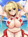  armpits bad_id bad_pixiv_id beach bikini blonde_hair blue_sky breasts cloud cocq_taichou criss-cross_halter day earrings fate/grand_order fate_(series) green_eyes halterneck huge_breasts jewelry long_hair navel nero_claudius_(fate)_(all) nero_claudius_(swimsuit_caster)_(fate) outdoors outstretched_arms side-tie_bikini sky smile solo striped striped_bikini sunlight swimsuit teeth twintails 