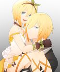  1girl :d akira_(yurilove21) black_gloves black_hairband black_ribbon blonde_hair blue_eyes brother_and_sister choker collarbone dress edna_(tales) eizen_(tales) gloves gradient gradient_background green_ribbon grey_background hair_ribbon hairband holding_person one_side_up open_mouth ribbon ribbon_choker shirt short_dress short_hair siblings sleeveless sleeveless_shirt smile tales_of_(series) tales_of_berseria tales_of_zestiria white_dress wrist_ribbon 