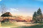  blue_sky calligraphy_brush_(medium) cloud commentary day grass heisei_tanuki_gassen_ponpoko highres hirota_(masasiv3) horizon mountain mountainous_horizon no_humans outdoors paintbrush scenery sky sunset tree well 