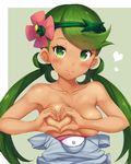  armpits bangs blush breasts closed_mouth collarbone commentary_request dark_skin flower green_background green_eyes green_hair hair_flower hair_ornament heart heart-shaped_boob_challenge heart_hands highres long_hair low_twintails mao_(pokemon) medium_breasts pokemon pokemon_(game) pokemon_sm smile snowcanvas solo swept_bangs topless twintails two-tone_background upper_body white_background 