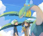  1girl banana bandana black_hair blue_eyes brown_hair cloud day dress eating food fruit gen_3_pokemon haruka_(pokemon) hat holding holding_food holding_fruit mudkip orange_dress pokemon pokemon_(creature) pokemon_(game) pokemon_emerald pokemon_rse ririchp short_hair sidelocks sky sleeveless sleeveless_dress tropius wing_collar yuuki_(pokemon) 