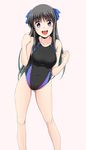  ass_visible_through_thighs black_swimsuit blue_bow borrowed_character bow breasts competition_swimsuit covered_navel cowboy_shot fuuma_nagi grey_background hair_bow highres long_hair looking_at_viewer medium_breasts one-piece_swimsuit open_mouth original purple_eyes simple_background smile solo standing swimsuit 