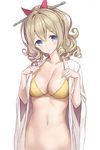  bikini_top blue_eyes bottomless breasts cleavage collarbone curly_hair goekawa hair_ribbon halter_top halterneck hatakaze_(kantai_collection) kantai_collection light_brown_hair looking_at_viewer medium_breasts navel open_clothes red_ribbon ribbon simple_background solo stomach white_background yellow_bikini_top 