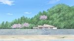  blue_sky building cherry_blossoms cloud commentary day forest grass highres hirota_(masasiv3) nature no_humans outdoors revision scenery shore sky stairs tree wall water 