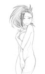  1girl between_legs blush boku_no_hero_academia collarbone covering_breasts covering_crotch embarrassed filthypaladin flying_sweatdrops greyscale half-closed_eyes hand_between_legs highres looking_at_viewer monochrome navel nude open_mouth ponytail short_hair simple_background sketch solo standing sweat teeth tied_hair white_background yaoyorozu_momo 