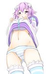  ass_visible_through_thighs blush cameltoe dress dress_lift embarrassed eyebrows_visible_through_hair from_below hair_between_eyes hair_ornament highres lifted_by_self looking_at_viewer looking_down navel neptune_(choujigen_game_neptune) neptune_(series) niwaka_potato open_mouth panties purple_eyes purple_hair shirt short_hair simple_background solo thighhighs underwear white_background 