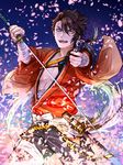  gun highres holding holding_gun holding_sword holding_weapon japanese_clothes katsugeki/touken_ranbu looking_at_viewer male_focus mutsu-no-kami_yoshiyuki petals smile solo spiked_hair sword techitoni touken_ranbu weapon 