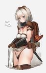  armor ass backpack bag blue_eyes blush boots bow braid breasts brown_hair cleavage covered_nipples dress dress_lift hair_bow hair_ornament hairband highleg highres jewelry long_hair medium_breasts moderate_pubic_hair necklace original pandea_work panties pointy_ears pubic_hair pubic_hair_peek sagging_breasts shoulder_pads solo thigh_boots thighhighs thong underwear white_hair 