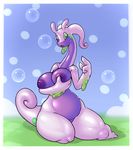  2017 3_fingers antennae anthro anthrofied areola belly big_breasts border breasts digital_media_(artwork) dragon eyelashes female goodra green_eyes hand_on_breast hi_res holding_breast kneeling long_neck looking_at_viewer nintendo nipples nude open_mouth pok&eacute;mon pose purple_nipples retro_parasite slightly_chubby slime solo thick_thighs video_games white_border wide_hips 