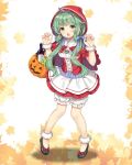  1girl alternate_costume alternate_hairstyle basket bloomers blue_ribbon bottle bow claw_pose cosplay food fruit full_body grapes green_eyes green_hair hair_ribbon halloween halloween_basket halloween_costume hood horn jack-o&#039;-lantern komano_aun leaf leaf_background little_red_riding_hood_(grimm) little_red_riding_hood_(grimm)_(cosplay) looking_at_viewer nagisa3710 open_mouth pointy_ears red_hood ribbon shoe_bow shoes solo touhou underwear 