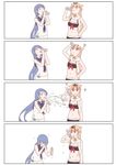  4koma ? ^_^ bare_arms blonde_hair blue_hair closed_eyes comic commentary drinking hair_flaps hair_ornament hair_ribbon hairclip highres kantai_collection long_hair mikeco multiple_girls navel ramune red_eyes remodel_(kantai_collection) ribbon sailor_collar samidare_(kantai_collection) scarf skirt smile spitting sweatdrop swimsuit very_long_hair wet white_scarf yuudachi_(kantai_collection) 