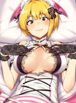  :3 amano_don bangs blonde_hair blurry blush breasts commentary_request depth_of_field eyebrows_visible_through_hair gloves green_eyes hair_ornament head_wings heart heart_hair_ornament idolmaster idolmaster_cinderella_girls lace lace_gloves large_breasts lying miyamoto_frederica on_back on_bed pillow short_hair sidelocks smile solo upper_body 