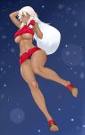  1girl barefoot breasts christmas dark_skin feet huge_breasts libre midriff night snow toes underboob 