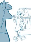  2017 anthro blue_and_white cat caught claws clothed clothing disney duo eating equine fan_character feline female fish fish_tank fuel_(artist) hand_on_hip holding_object horse male mammal marine marker monochrome paper pawpads pizzacolt scissors screentone simple_background standing sweat sweatdrop tape waving zootopia 