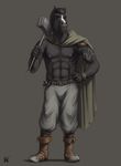  2016 5_fingers abs anthro armor belt biceps biped black_hair boots bracelet brown_boots brown_eyes brown_footwear cape clothed clothing digital_media_(artwork) equine eyebrows footwear front_view full-length_portrait grey_background grey_bottomwear grey_clothing grey_nipples grey_pants hair hammer hand_on_hip hi_res holding_object holding_weapon horse humanoid_hands jewelry looking_at_viewer male mammal melee_weapon muscular muscular_male nipples pants pauldron pecs portrait pose rov scar short_hair signature simple_background snout solo spiked_bracelet spikes standing tattoo tools warhammer warrior weapon 