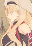  armband bare_shoulders beret blonde_hair blue_eyes breasts commentary_request dress eiffel_tower from_side hat highres kantai_collection large_breasts long_hair masukuza_j profile richelieu_(kantai_collection) solo strapless strapless_dress white_hat 