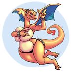  2017 5_fingers anthro big_breasts breast_squish breasts charizard claws clothed clothing digital_media_(artwork) dragon eyelashes female fire grin half-closed_eyes hand_on_breast holding_breast huge_breasts long_neck membranous_wings nintendo nipples panties pok&eacute;mon pose retro_parasite slightly_chubby smile solo thick_thighs toe_claws topless underwear video_games wide_hips wings 