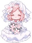  absurdres akari_(qq941315189) bouquet bride chibi closed_eyes closed_mouth dress earrings estellise_sidos_heurassein facing_viewer flower highres holding holding_bouquet jewelry necklace pink_hair short_hair smile solo tales_of_(series) tales_of_vesperia veil wedding_dress white_background white_dress 