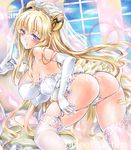  ass at_classics bare_shoulders blonde_hair blue_eyes blush breasts chair code_geass code_geass:_boukoku_no_akito dress elbow_gloves garter_straps gloves lace lace-trimmed_thighhighs large_breasts leila_(code_geass) long_hair looking_at_viewer panties panty_pull sample sideboob solo thighhighs underwear undressing veil very_long_hair wedding_dress white_gloves white_legwear white_panties window 