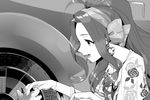  bracelet cat commentary_request dress earrings floral_print greyscale hairband hitoto idolmaster idolmaster_million_live! jewelry jukebox long_hair monochrome nikaidou_chizuru open_mouth petting ponytail smile solo very_long_hair 