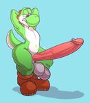  anthro balls big_balls boots clothing erection footwear humanoid_penis hyper hyper_penis komponi looking_at_penis male mario_bros mostly_nude nintendo penis solo standing thick_thighs vein video_games yoshi 
