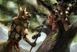  african_wild_dog ambiguous_gender anthro barefoot black_nose blue_eyes canine clothed clothing day detailed_background digitigrade ear_piercing feral group holding_object holding_weapon male mammal melee_weapon outside piercing polearm rhyu spear topless water weapon whiskers 