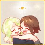  :d ^_^ blonde_hair blush blush_stickers brown_hair closed_eyes diana_cavendish hug kagari_atsuko little_witch_academia milk_puppy multiple_girls open_mouth overalls smile younger 