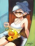  1girl 2017 absurdres alternate_breast_size artist_name bare_shoulders bike_shorts breasts cleavage colo_(nagrolaz) denchinamazu domino_mask highres hotaru_(splatoon) huge_filesize large_breasts mask mole mole_under_eye orange_eyes pointy_ears silver_hair sitting splatoon_(series) symbol-shaped_pupils tank_top tentacle_hair 