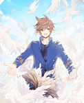  :d bird blue_background blue_shirt book brown_hair cowboy_shot day earrings feather_earrings feathers fingerless_gloves gloves green_eyes jewelry looking_at_viewer male_focus open_mouth outstretched_arms shirt single_glove smile solo sorey_(tales) spread_arms tales_of_(series) tales_of_zestiria white_gloves yurichi_(artist) 