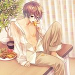 baklava barefoot bowl brown_eyes brown_hair brown_pants burakon! commentary_request curtains eating food honey indoors jacket looking_at_viewer male_focus minamibe navel official_art omelet on_table pants rice_bowl sitting solo soup suggestive_fluid table tamagoyaki tomato tree unbuttoned unbuttoned_shirt 