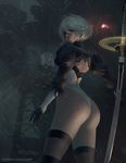  ass bare_back blindfold brown_legwear chuby_mi elbow_gloves facing_viewer gloves hairband highres katana leotard lips lipstick looking_back makeup mole mole_under_mouth nier_(series) nier_automata pod_(nier_automata) rain realistic solo sword thighhighs thighs weapon white_leotard yorha_no._2_type_b 