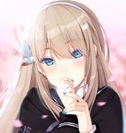  bangs blonde_hair blue_eyes blue_nails blush character_name covering_mouth eyebrows_visible_through_hair hair_ornament hairband head_tilt jewelry lexington_(cv-16)_(zhan_jian_shao_nyu) long_hair looking_at_viewer nail_polish prinz_luzifer ring solo upper_body wedding_band zhan_jian_shao_nyu 