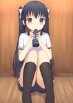  bangs black_hair black_legwear blue_shorts blush bottle bow closed_mouth commentary_request eyebrows_visible_through_hair gym_shirt gym_shorts gym_uniform hair_bow highres holding holding_bottle indoors kneehighs knees_together_feet_apart long_hair looking_at_viewer no_shoes on_floor original red_eyes shirt short_sleeves shorts sidelocks sitting solo tareme twintails usagino_suzu water_bottle white_bow white_shirt wooden_floor wooden_wall 