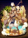  backpack bag bandana bedroll bird earrings green_eyes handbag highres holding holding_staff jewelry lantern minamibe necklace oasis owl palm_tree pixiv_fantasia pixiv_fantasia_revenge_of_the_darkness sandals solo staff standing tree water white_hair 