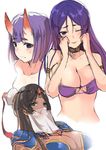  black_hair breasts circlet cleavage dark_skin dyson_(edaokunnsaikouya) eyepatch_bikini fate/grand_order fate_(series) green_eyes highres horns large_breasts long_hair looking_at_viewer minamoto_no_raikou_(fate/grand_order) minamoto_no_raikou_(swimsuit_lancer)_(fate) multiple_girls one_eye_closed oni parted_lips purple_eyes purple_hair scheherazade_(fate/grand_order) short_hair shuten_douji_(fate/grand_order) simple_background veil white_background 