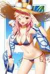  ;d animal_ears arm_up bangs bikini blue_bikini blush bracelet breasts cleavage collarbone commentary_request ears_through_headwear fang fate/grand_order fate_(series) flag fox_ears fox_print fox_tail hat highres holding holding_flag jewelry ji_dao_ji large_breasts leaning_forward long_hair looking_at_viewer navel one_eye_closed open_mouth pink_hair sidelocks smile solo straw_hat sun_hat swimsuit tail tamamo_(fate)_(all) tamamo_no_mae_(fate) tamamo_no_mae_(swimsuit_lancer)_(fate) underboob 